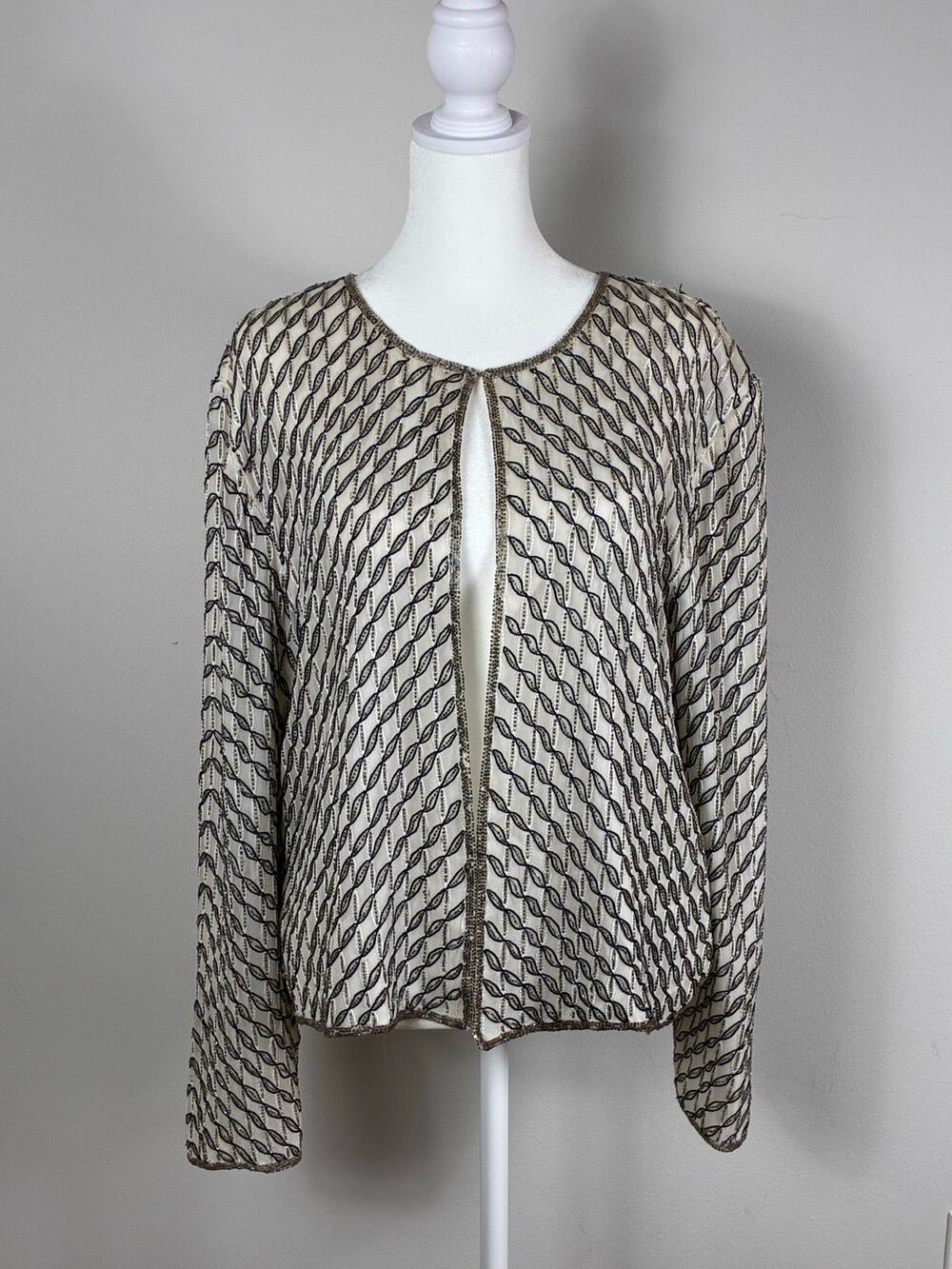 Vintage Adrianna Papell Evening XL Beaded Silk Jacket White Black Embroidered